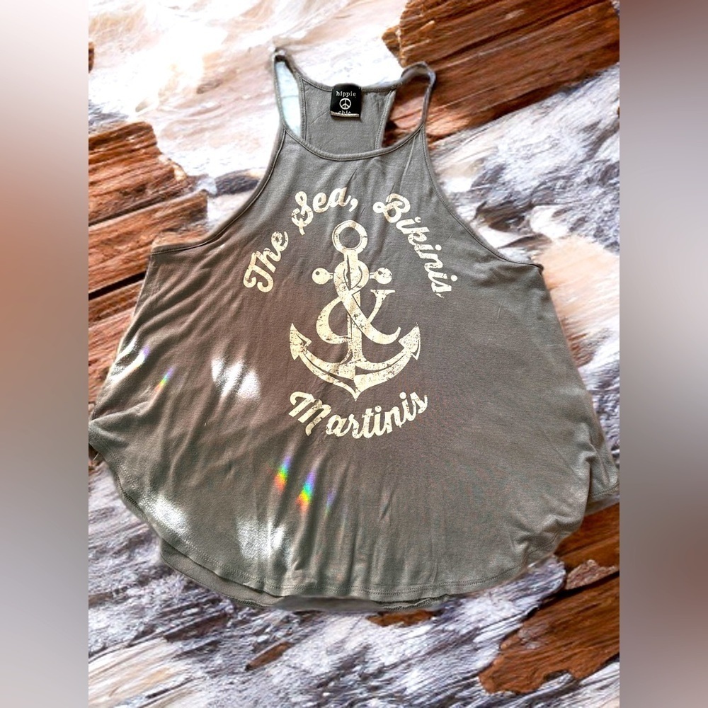 Hippie Chic Woman’s Novelty Boho Beach Boat Tank Top Gray White Size L
